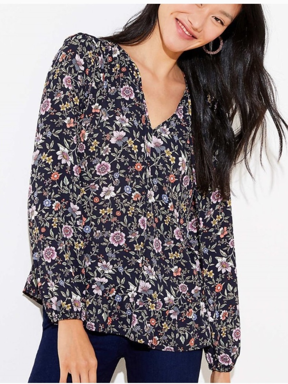 Loft Navy Floral Ruffle V-Neck Long-Sleeve Blouse